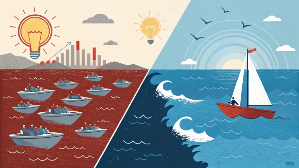 Blue ocean strategy concept showing innovation path and uncontested market space opportunities