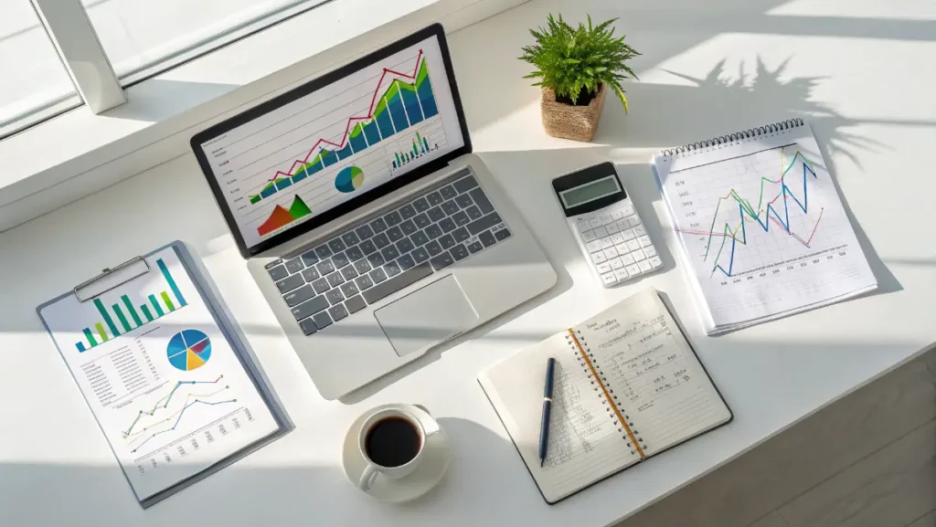 Business financial planning workspace with charts, calculator, and growth metrics dashboard display