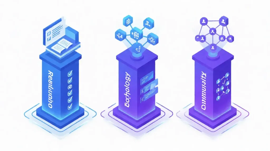 Crypto business landscape showing regulation, technology evolution, and community engagement pillars