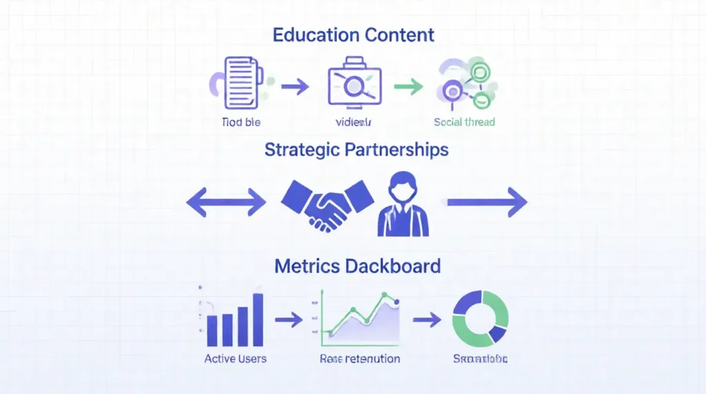 Crypto marketing strategy showing content creation, partnerships, and data-driven decision making