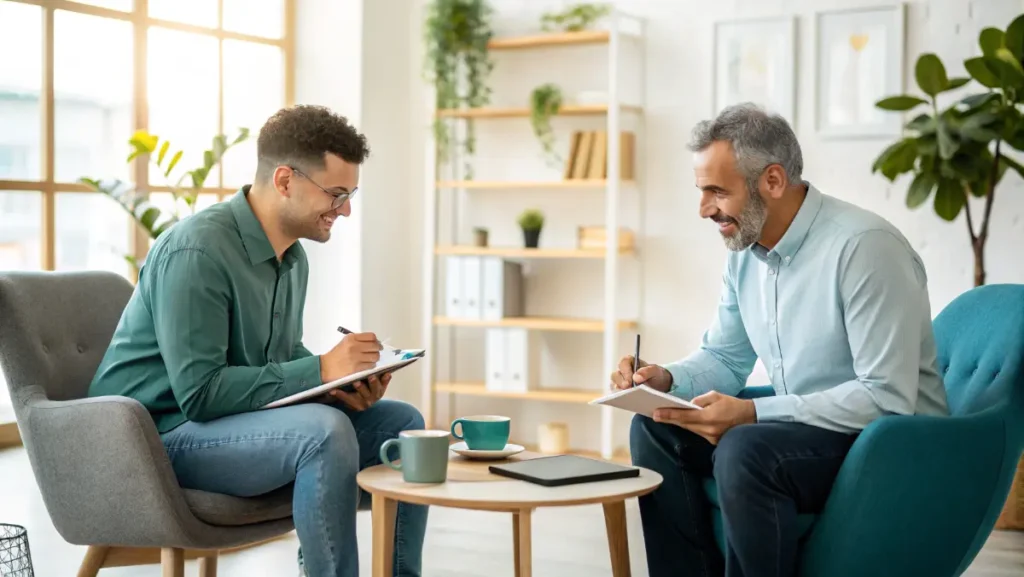 Executive coaching session with mentor and entrepreneur discussing business strategy and leadership growth