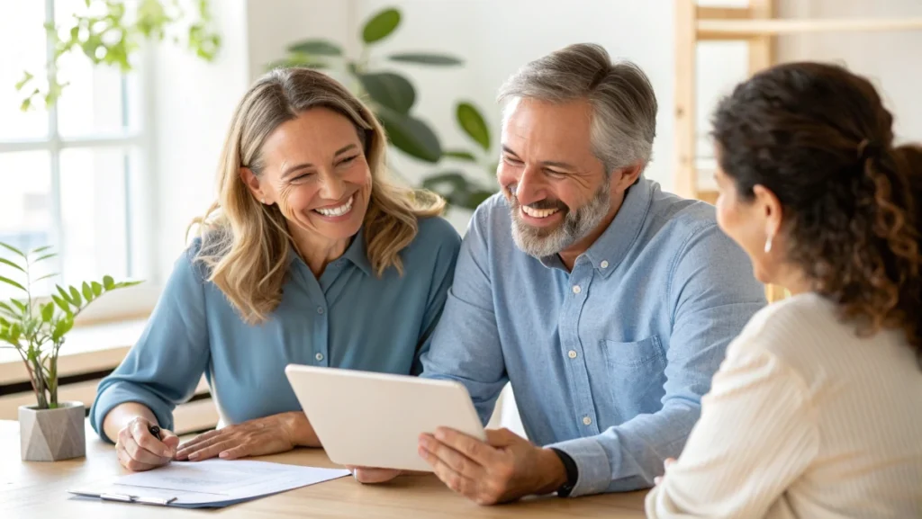 Happy diverse couple reviewing successful investment portfolio results with financial advisor celebrating growth