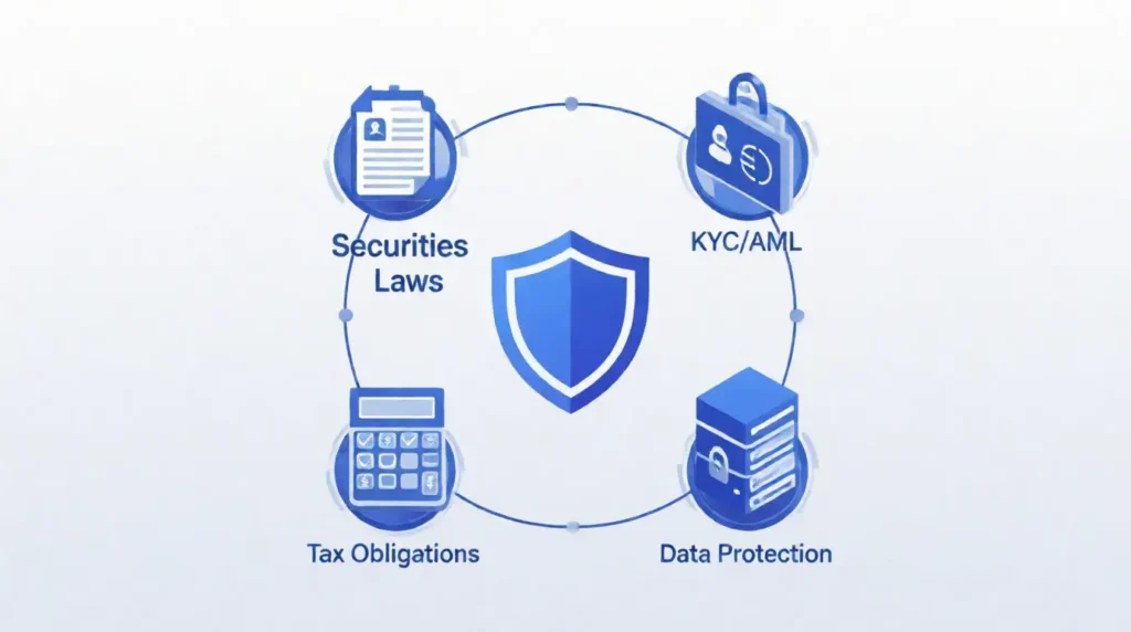 Legal compliance framework for crypto businesses showing KYC, AML, and regulatory requirements