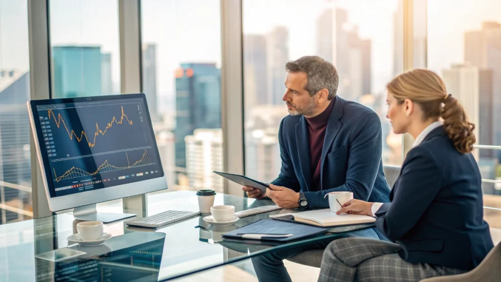 PedroVazPaulo wealth investment advisor reviewing financial portfolio with client in modern office setting