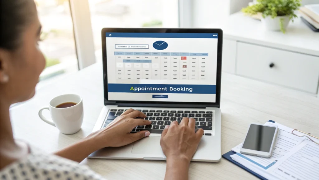 Professional using laptop to book online investment consultation appointment on modern scheduling platform