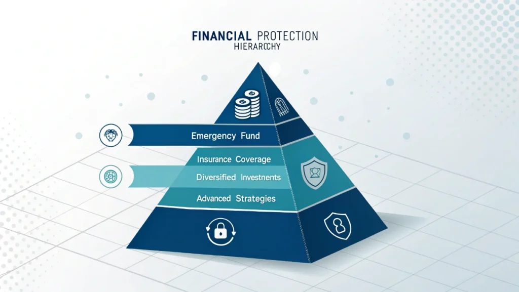 Risk management pyramid showing layers of financial protection from emergency funds to insurance coverage