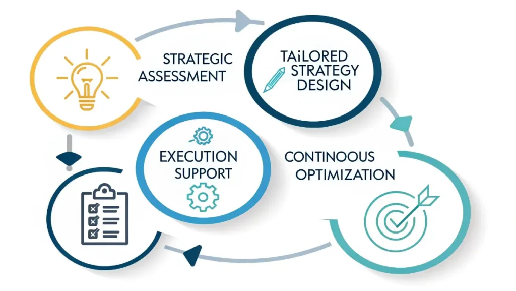 Strategy consulting process flowchart showing assessment, design, execution, and optimization phases