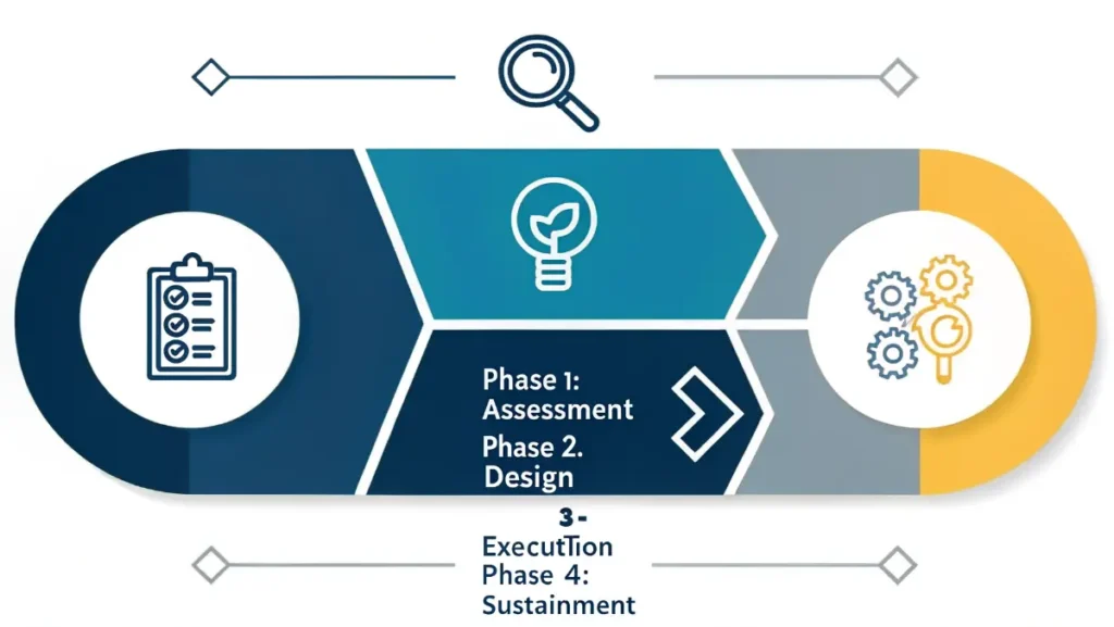 Four phase executive coaching framework showing assessment design execution sustainment process