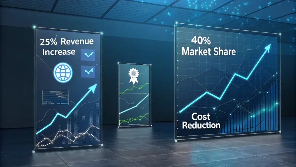 Business success metrics showing revenue growth and market share increase with upward trending graphs
