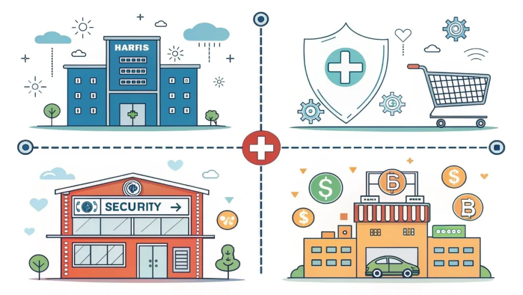 Four industry sectors healthcare retail finance manufacturing with custom IT solutions icons