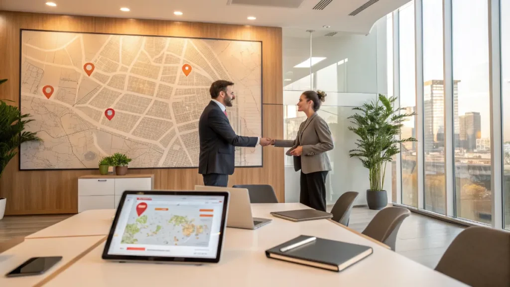 Business professionals meeting in modern office with location pin symbol representing local consulting