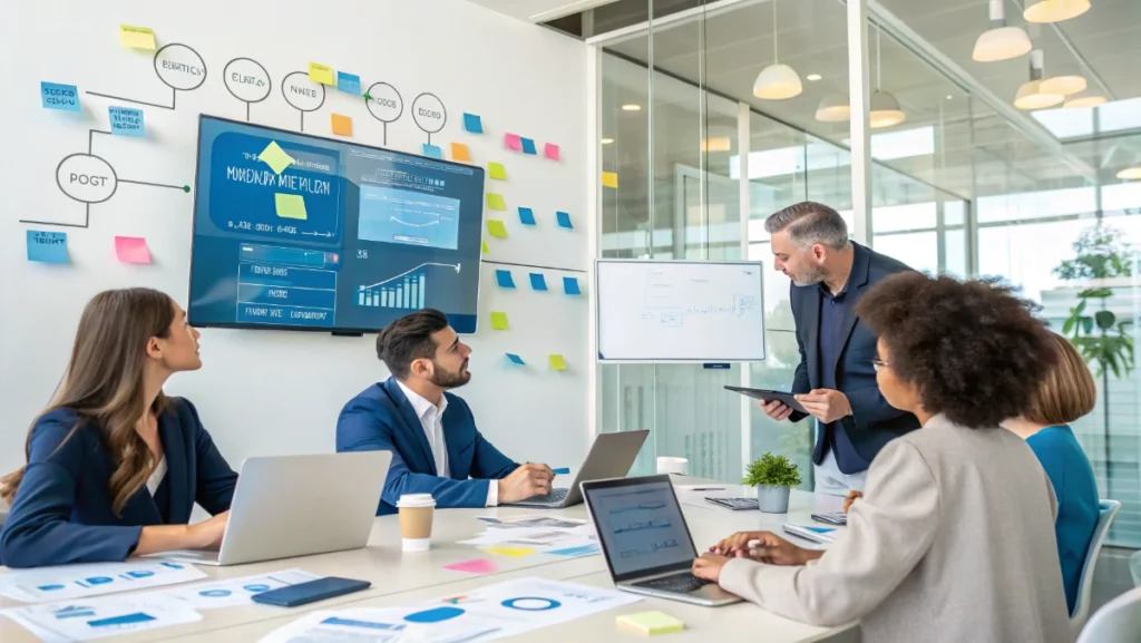 Business team collaborating with IT consultant on digital transformation strategy and technology roadmap