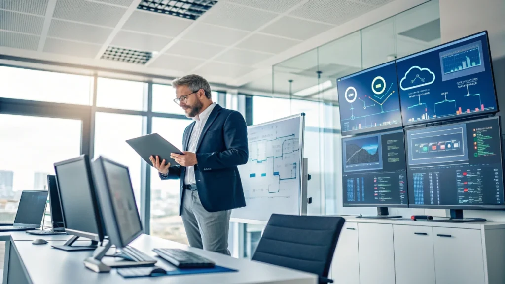 PedroVazPaulo IT consulting expert analyzing business technology infrastructure on multiple screens