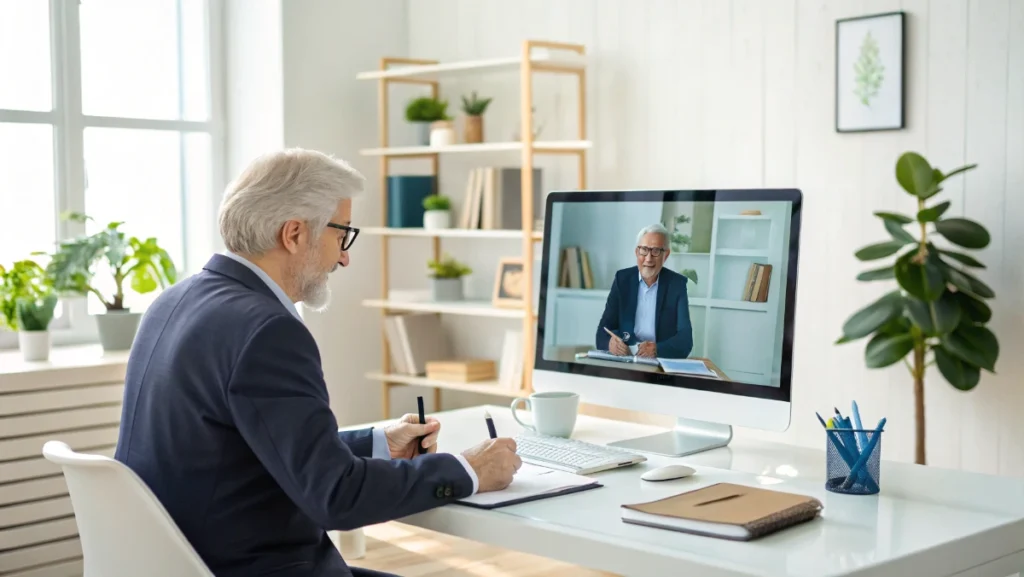 Executive participating in online coaching class via video call from professional home office