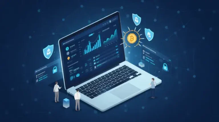 Crypto payment integration dashboard showing Bitcoin Ethereum transactions on laptop screen