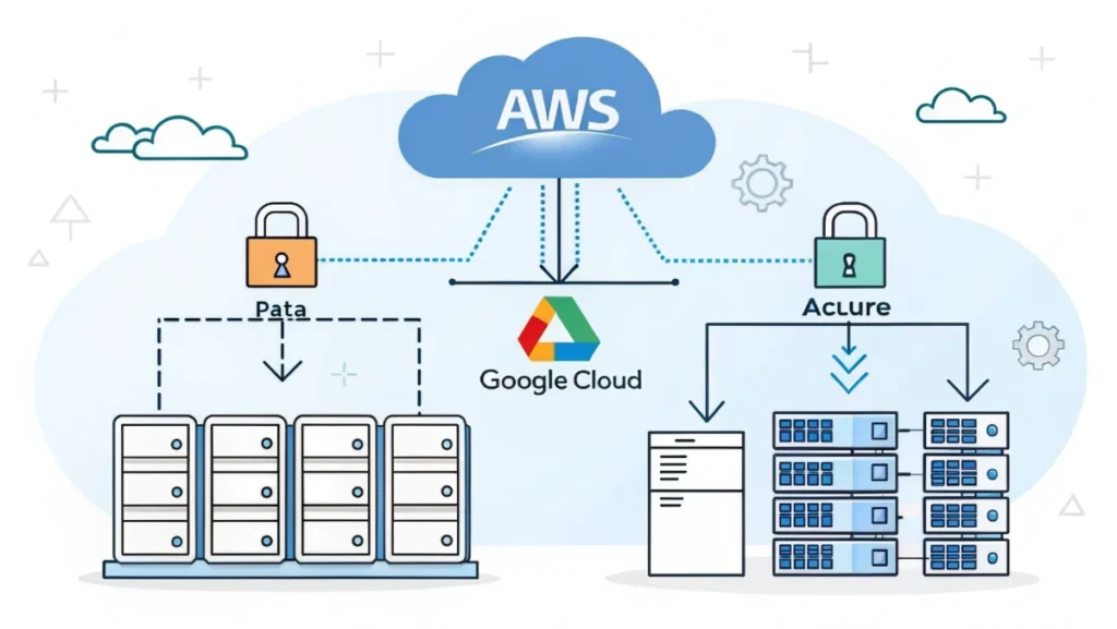 Cloud computing infrastructure diagram with AWS Azure Google Cloud platforms and migration pathways