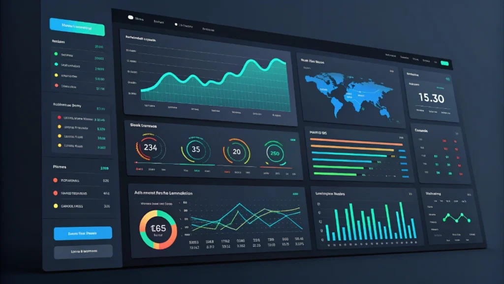 Data analytics dashboard displaying real-time business intelligence metrics and predictive insights