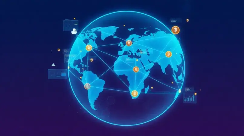 Global network visualization showing connected merchants and customers using cryptocurrency payments worldwide