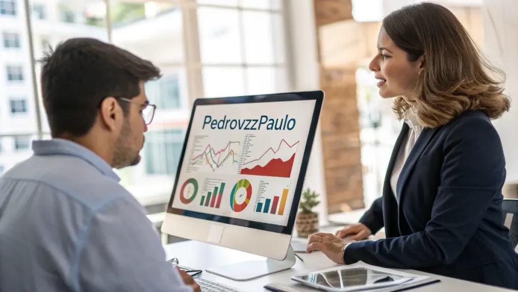 Marketing consultant analyzing data visualization charts for PedroVazPaulo client campaign optimization