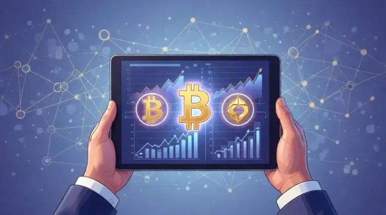 Person selecting cryptocurrency options on digital tablet with blockchain network background