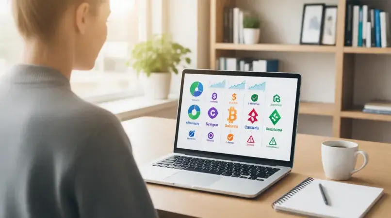 Successful cryptocurrency investor reviewing balanced portfolio on laptop with growth charts