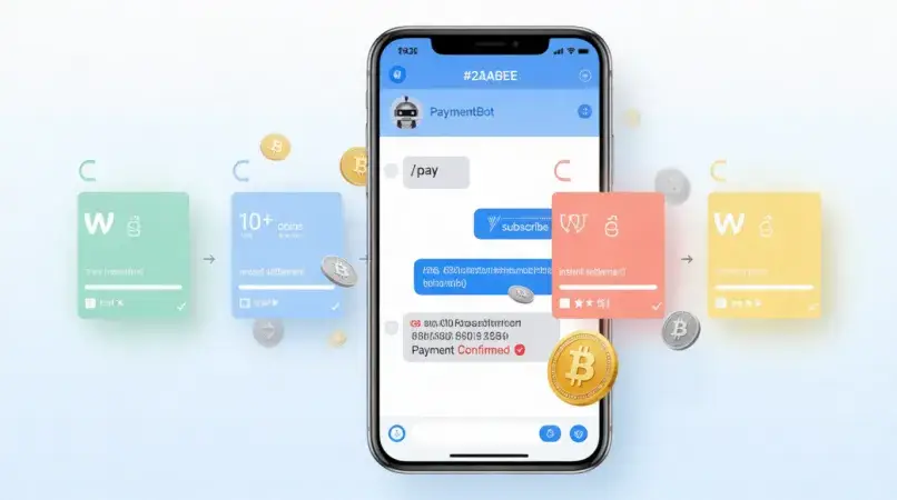 Telegram bot interface showing crypto payment commands and Bitcoin transaction confirmation message