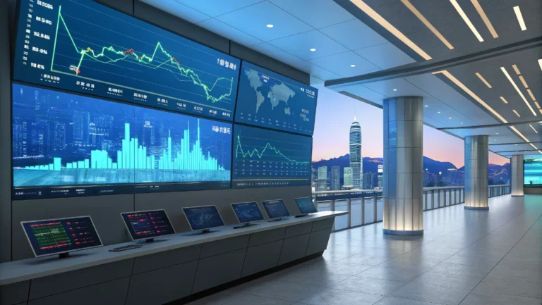Asian stock market trading floor with digital screens showing ftasiastock business news data and charts