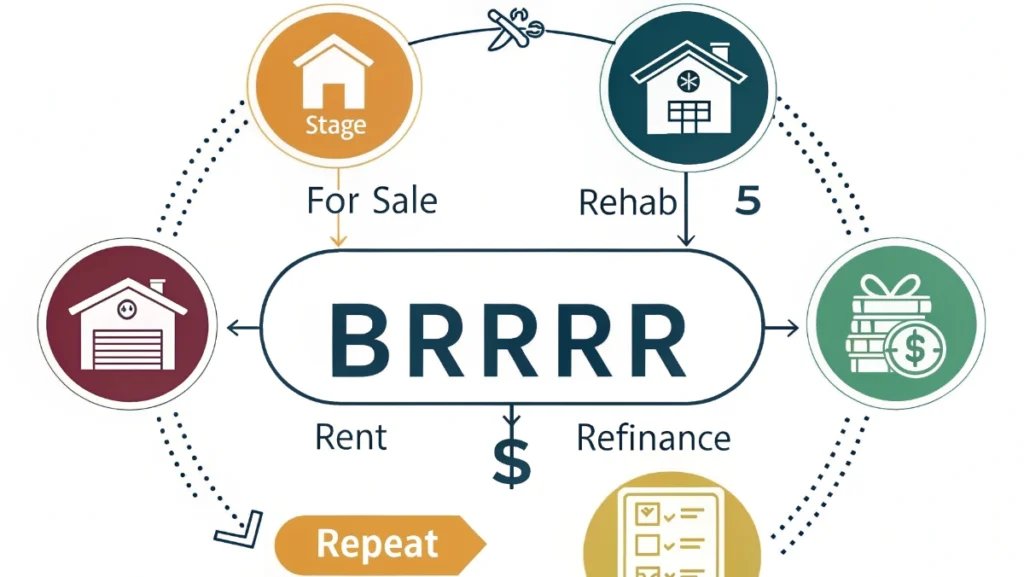 BRRRR method real estate investment strategy showing buy, rehab, rent, refinance, repeat cycle