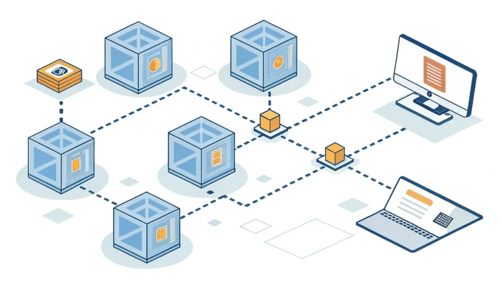 Blockchain technology diagram showing connected blocks with transaction data and decentralized network structure