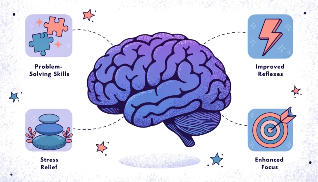 Brain illustration showing cognitive benefits of classroom gaming like problem-solving and focus improvement