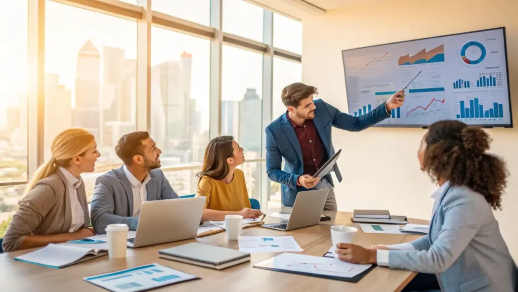 Business consultant working hands-on with team on financial strategy implementation and planning