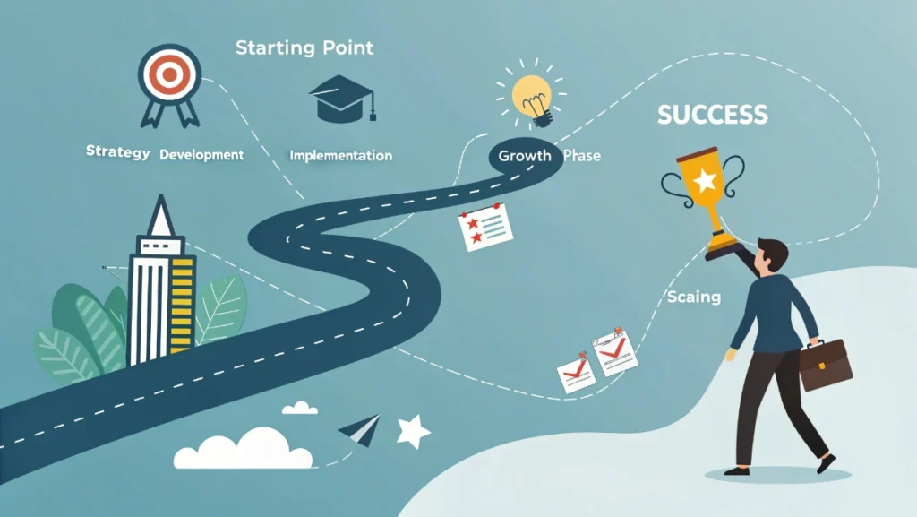 Business growth success roadmap showing entrepreneurial journey with consulting guidance and milestones