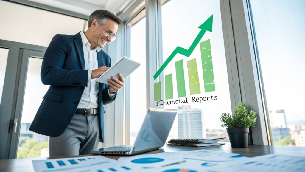 Business leader confidently reviewing positive financial reports showing business growth and stability