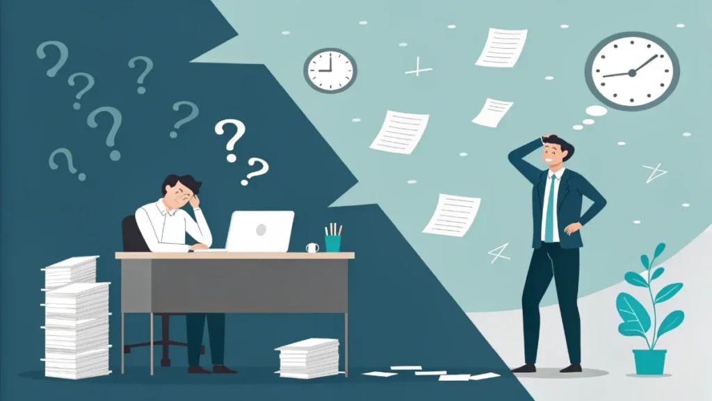 Business leader facing decision fatigue stress uncertainty modern executive coaching solution concept