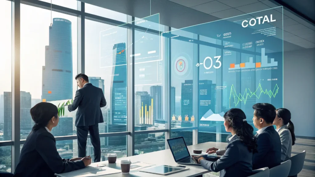 Business professionals analyzing merger and acquisition deals with digital displays showing Asian corporate data