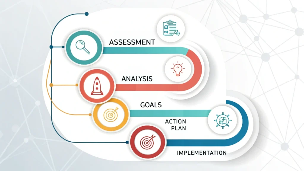 Business strategy planning process with market analysis and goal setting frameworks for growth