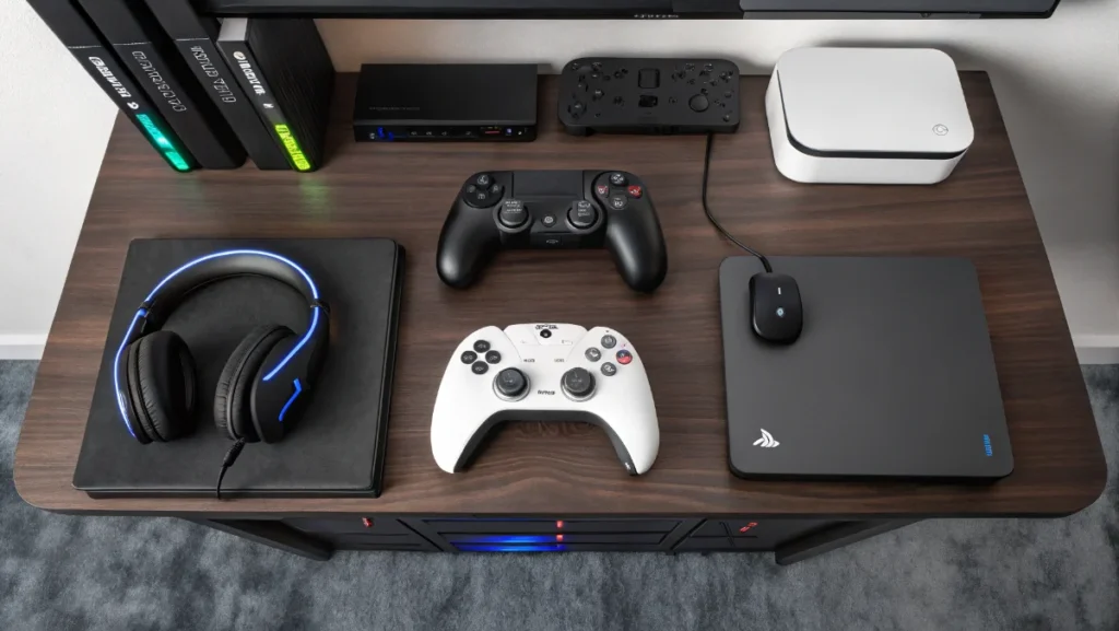 Console gaming setup with accessories headset controller storage and charging station for optimal experience