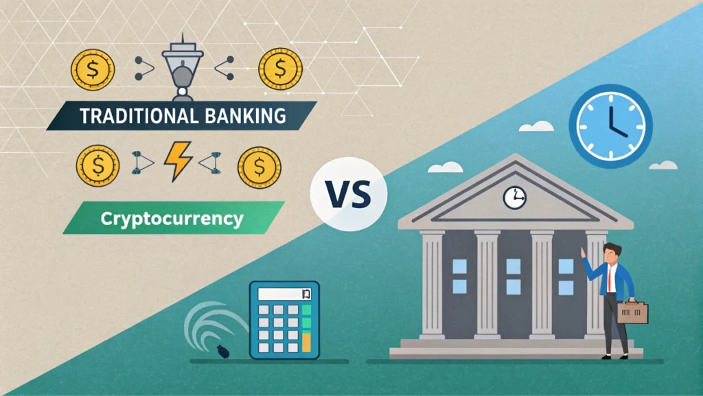 Cryptocurrency benefits versus traditional banking showing speed and lower costs
