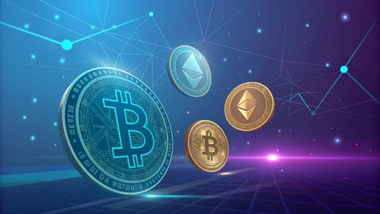 Cryptocurrency digital coins including Bitcoin and Ethereum on modern technology background