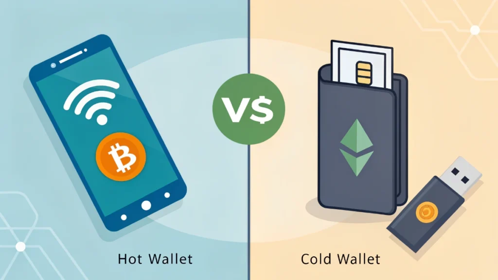 Cryptocurrency wallet types comparison showing hot wallet on smartphone and cold wallet hardware device for security
