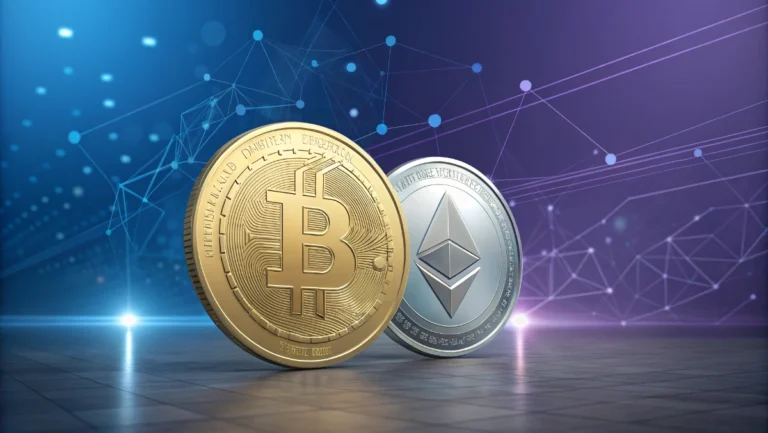 Digital cryptocurrency coins including Bitcoin and Ethereum floating with blockchain network connections