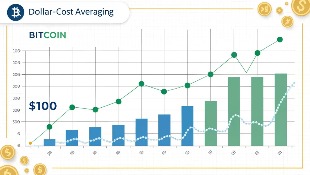 Dollar-cost averaging chart showing consistent crypto investment strategy over time with price fluctuations