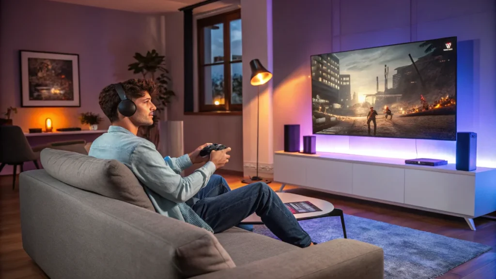 European gamer playing console games with controller showcasing eurogamersonline platform interface