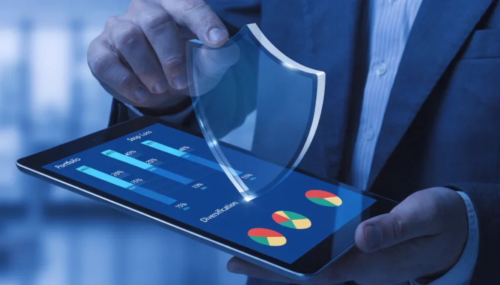 Financial safety net concept with stop loss orders and portfolio diversification risk management tools