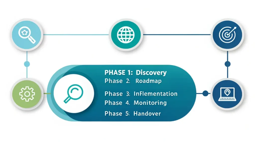 Five-phase financial consulting roadmap from discovery audit to independent business operations