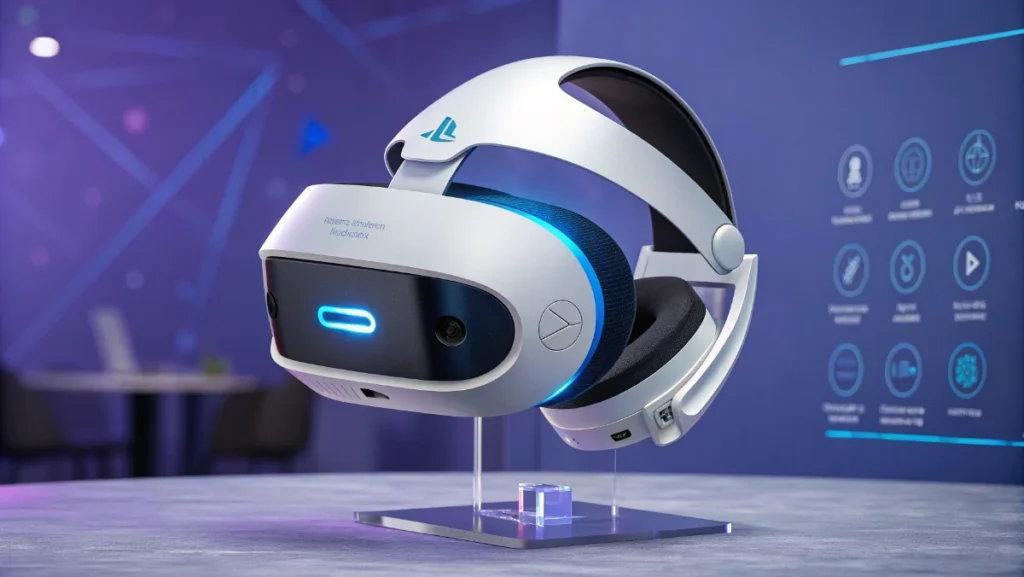 Futuristic VR gaming headset with wireless design and advanced tracking sensors on display stand
