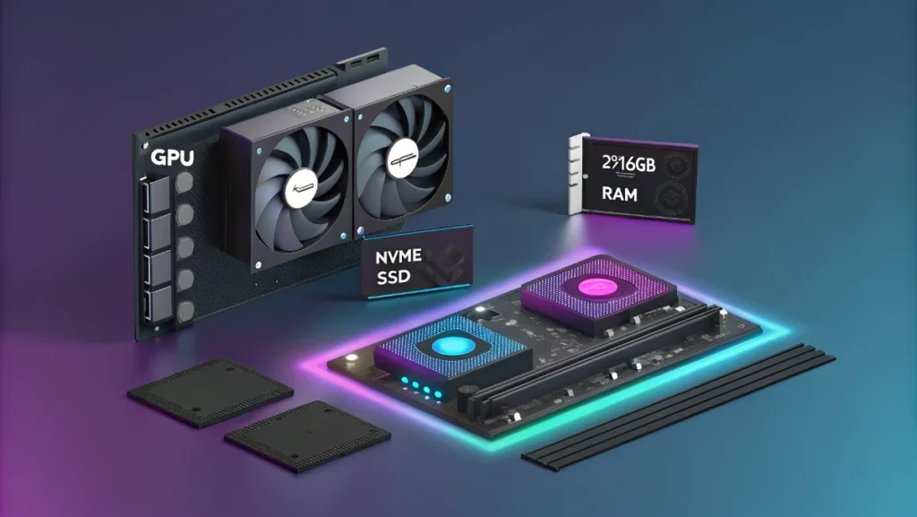 Gaming PC hardware components breakdown showing GPU, CPU, RAM, and storage with performance impact ratings