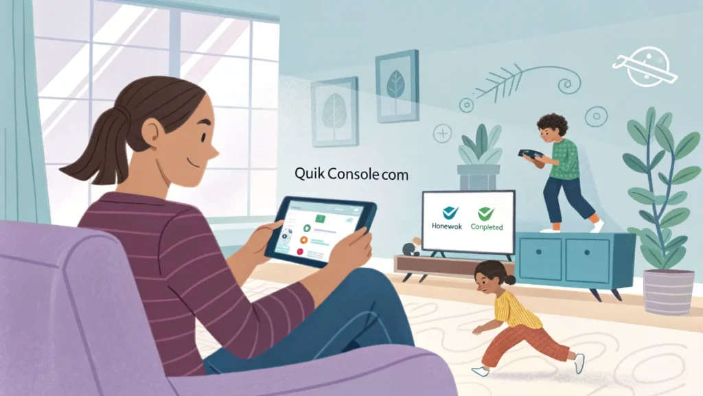 Gaming family using QuikConsole com parental controls and remote monitoring features across devices