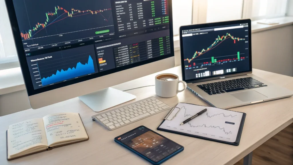 Investor analyzing ftasiastock business news reports and financial data on multiple screens and devices