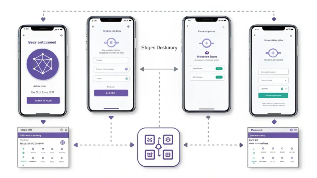 Mobile phone mining pi cryptocurrency step by step process illustration with daily mining button